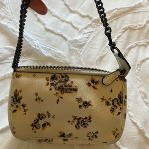 Coach Cream Floral Mini Shoulder Bag with Black Chain
